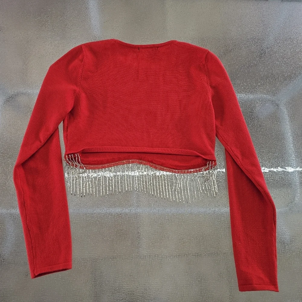 Forever 21 Woman's Red Rhinestone Fringe Hem Long Sleeve Knit Top Party Glam L